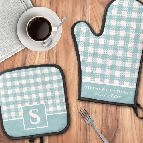 Pastel Blue Gingham Plaid Checkered Monogrammed Oven Mitt &Amp;Amp; Pot Holder Set