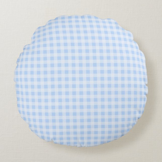 Pastel Blue Gingham Round Pillow (Front)