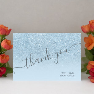 Pastel blue glitter sparkles ombre thank you card