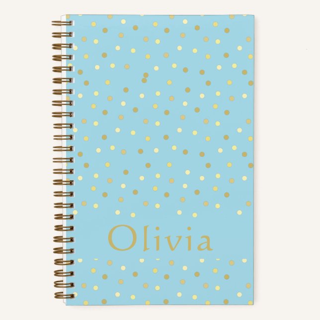 Pastel Blue Gold Confetti Dots Personalized Bullet Notebook (Front)