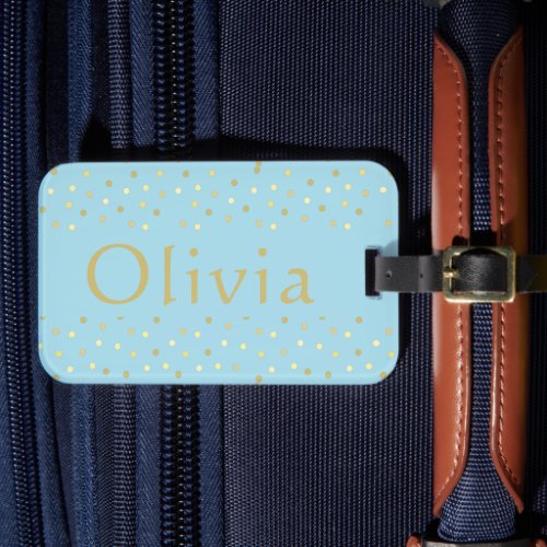 Pastel Blue Gold Confetti Dots Personalized Luggage Tag