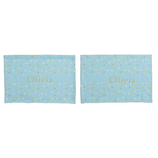 Pastel Blue Gold Confetti Dots Personalized  Pillow Case (Front-Set)