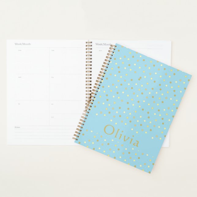 Pastel Blue Gold Confetti Dots Personalized  Planner (Display)