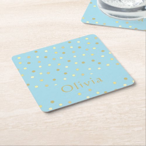 Pastel Blue Gold Confetti Dots Personalized  Square Paper Coaster