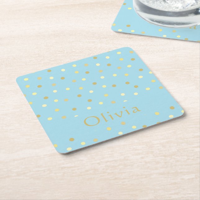 Pastel Blue Gold Confetti Dots Personalized  Square Paper Coaster (Angled)
