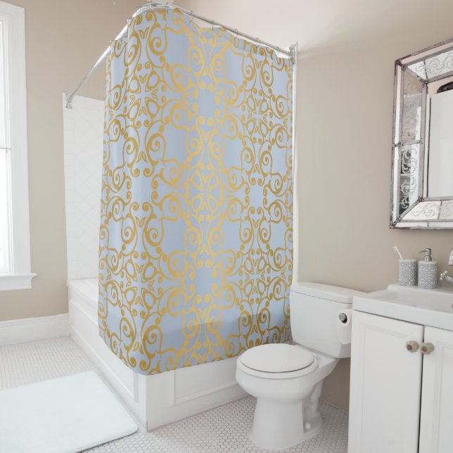 PASTEL BLUE GOLD ELEGANT PATTERN SHOWER CURTAIN (In Situ)