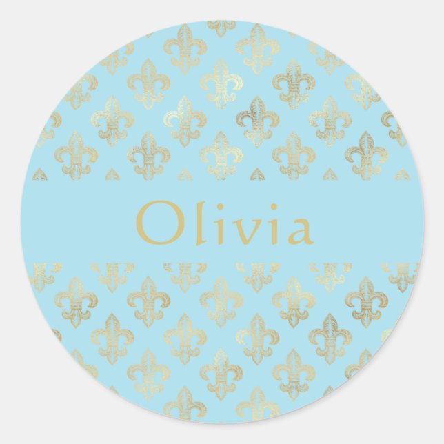 Pastel Blue Gold  Fleur De Lis Personalized  Classic Round Sticker (Front)