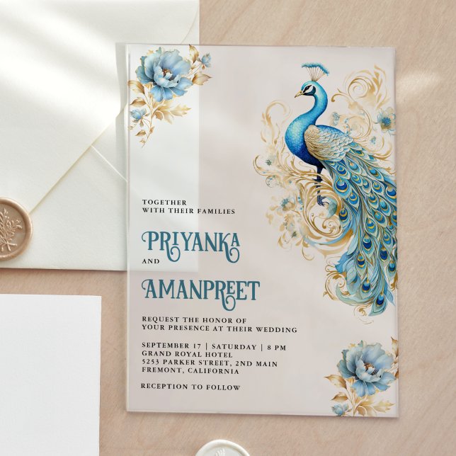 Pastel Blue Gold Floral Indian Peacock Wedding Acrylic Invitations (Creator Uploaded)
