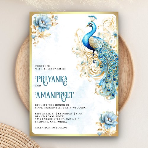 Pastel Blue Gold Floral Indian Peacock Wedding Invitation