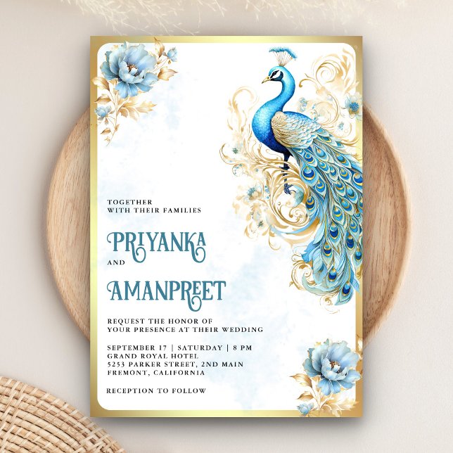Pastel Blue Gold Floral Indian Peacock Wedding Invitation (Creator Uploaded)