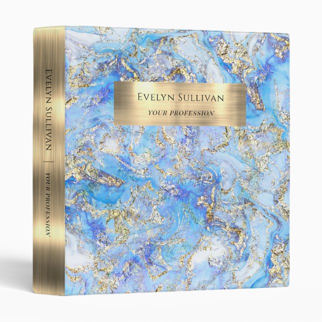 Pastel blue Gold Fluid Marble Binder (Front/Spine)