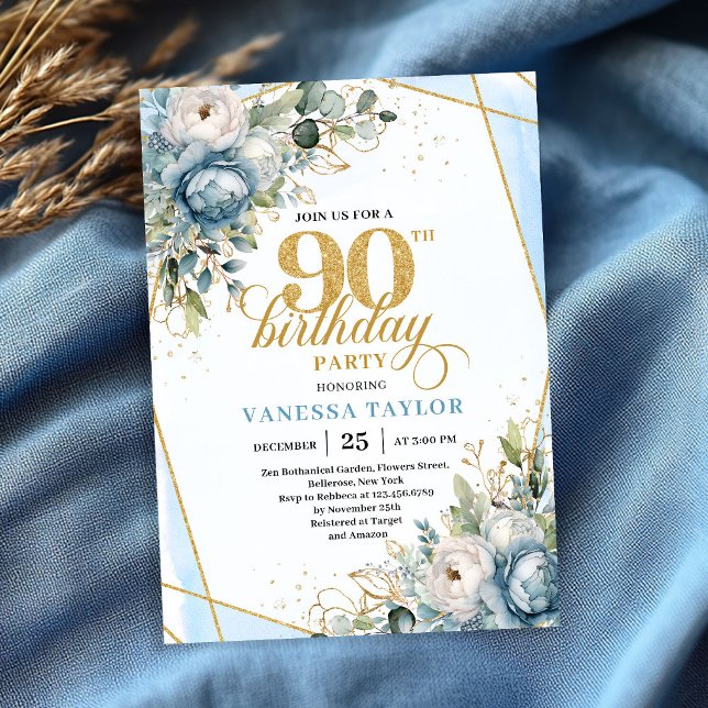 Pastel blue gold frame stylish floral 90 birthday invitation (Pastel blue gold frame stylish floral 90th birthday invite)