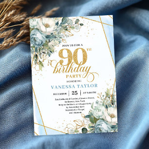Pastel blue gold shimmer floral 90th birthday invitation