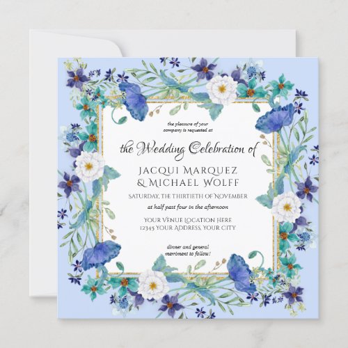 Pastel Blue Gold Watercolor Elegant Floral Wedding Invitation