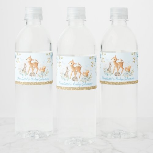 Pastel Blue Gold Woodland Floral Baby Shower Water Bottle Label