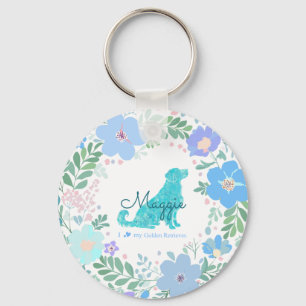 Pastel Blue Golden Retriever Floral Photo & Name Keychain