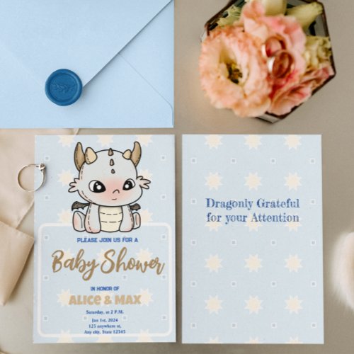 Pastel Blue Gray Baby Dragon Baby Shower Invitation