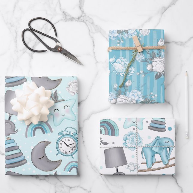 PASTEL BLUE & GRAY BABY ITEMS FLOWERS TOYS WRAPPING PAPER SHEETS (Front)