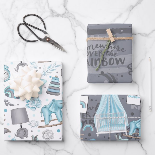PASTEL BLUE & GRAY BABY ITEMS FLOWERS TOYS WRAPPING PAPER SHEETS (Front)