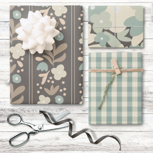 Pastel Blue Gray Floral Country Cottage Plaid Wrapping Paper Sheets