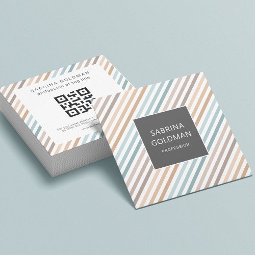 Pastel Blue Gray Gold Stripes QR CODE  Square Business Card