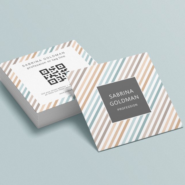 Pastel Blue Gray Gold Stripes QR CODE  Square Business Card (Creator Uploaded)