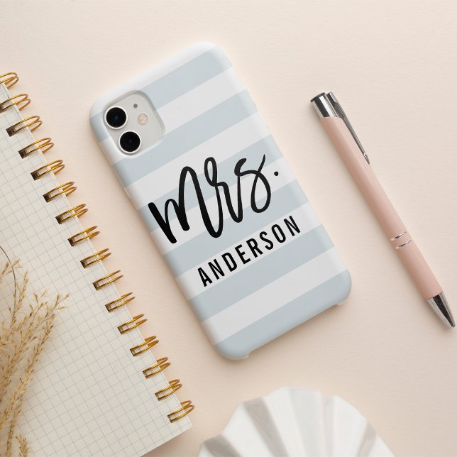  Pastel Blue-Gray Stripe New Mrs Last Name Bride iPhone Case (Creator Uploaded)