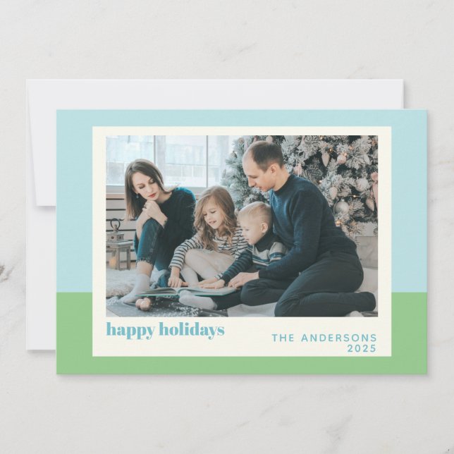 Pastel Blue Green Color Block Holiday Photo Card (Front)