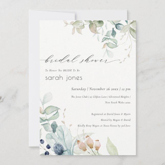 Pastel Blue Green Foliage Bridal Shower Invite (Front)