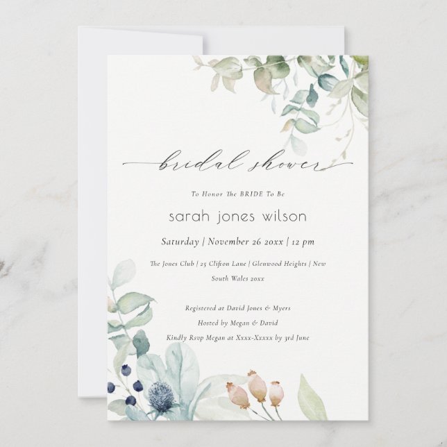 Pastel Blue Green Foliage Bridal Shower Invite (Front)