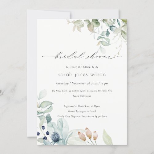 Pastel Blue Green Foliage Bridal Shower Invite