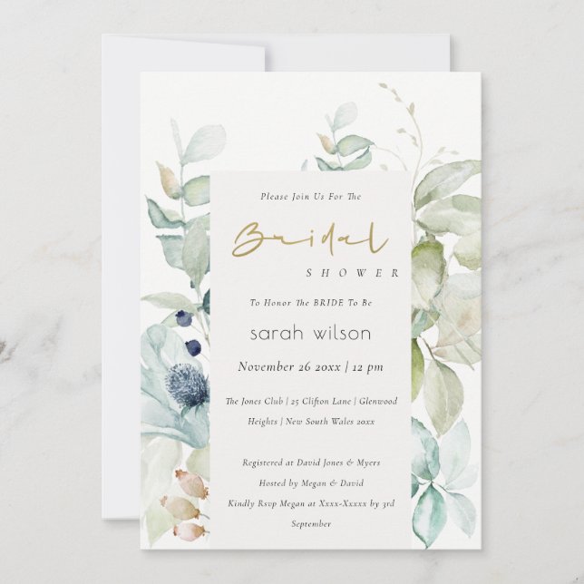 Pastel Blue Green Foliage Bridal Shower Invite (Front)