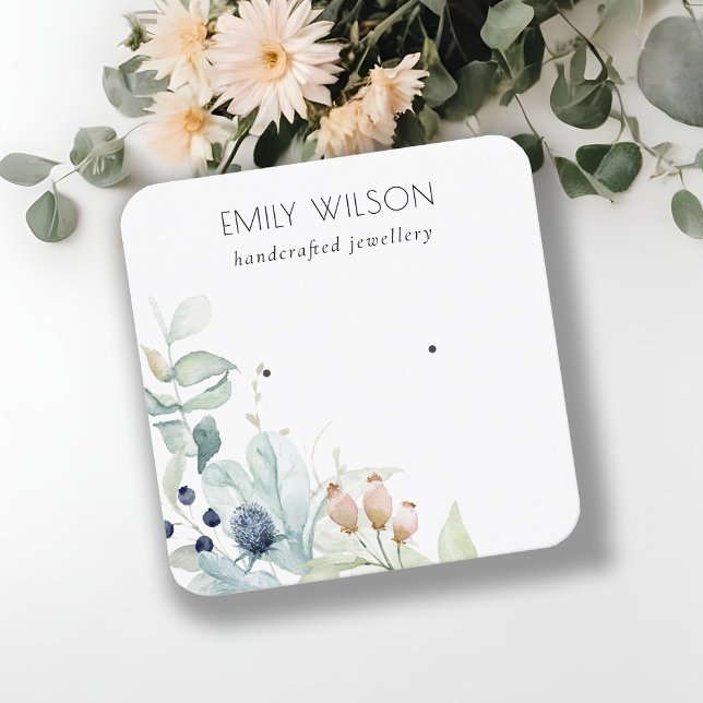 Pastel Blue Green Foliage Bunch Earring Display Square Business Card (Creator Uploaded)