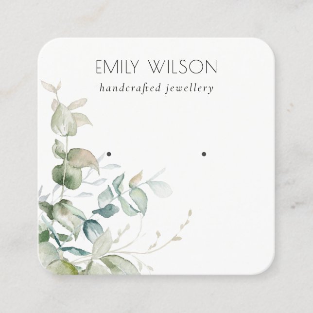 Pastel Blue Green Foliage Bunch Earring Display Square Business Card (Front)