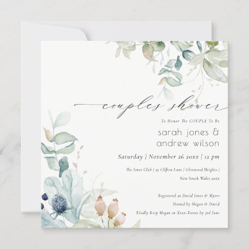 Pastel Blue Green Foliage Couples Shower Invite