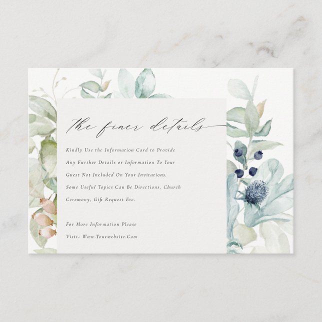 Pastel Blue Green Foliage Frame Wedding Details Enclosure Card (Front)