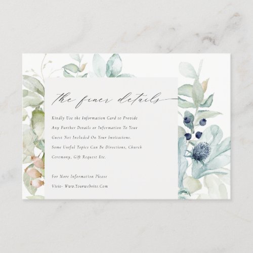 Pastel Blue Green Foliage Frame Wedding Details Enclosure Card