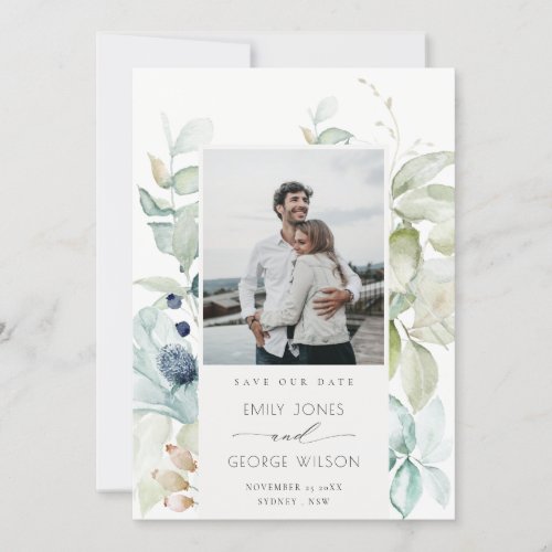 Pastel Blue Green Foliage Save The Date Photo Card