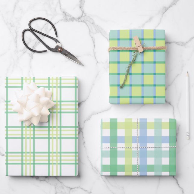 Pastel Blue Green Plaid Checkered Gingham  Wrapping Paper Sheets (Front)