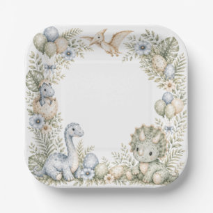 Pastel blue green Watercolor Dinosaur Birthday Paper Plates