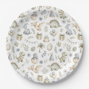 Pastel blue green Watercolor Dinosaur Birthday Paper Plates