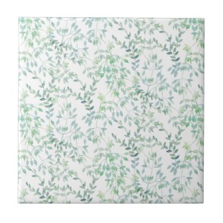 Pastel Blue Green Watercolor Leaves Print Tile