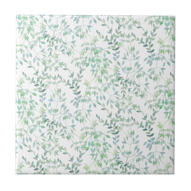 Pastel Blue Green Watercolor Leaves Print Tile (Front)