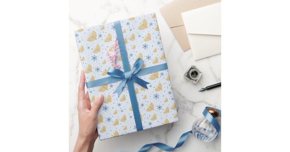 Pastel Blue Hanukkah Menorah Star of David Pattern Wrapping Paper | Zazzle