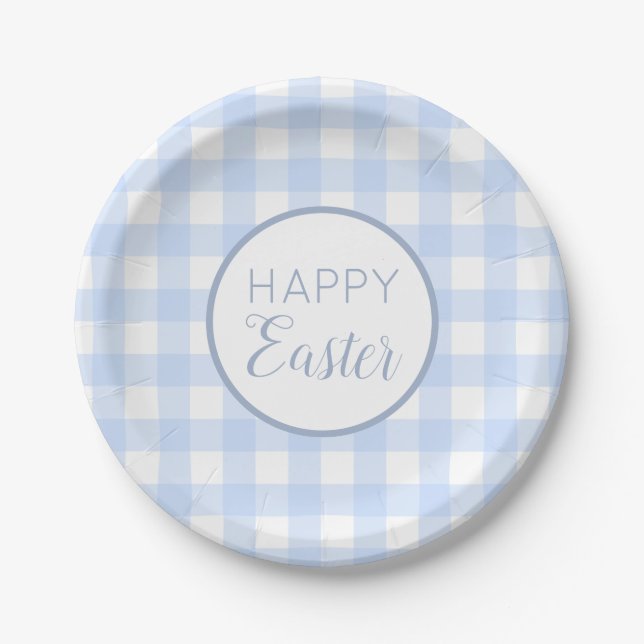 Pastel Blue Happy Easter Plaid Pattern  Paper Plates (Front)