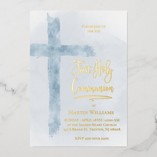 pastel blue Holy cross First Communion Foil Invitation (Front)