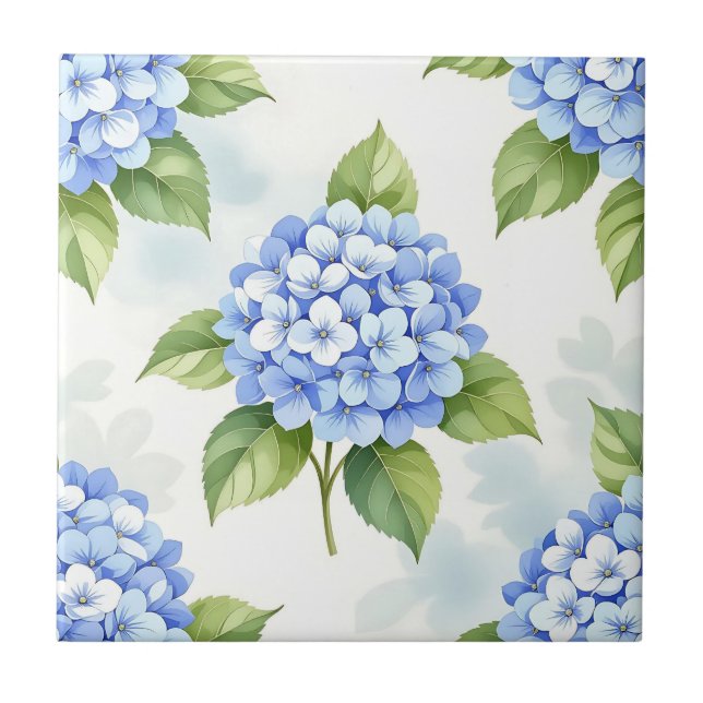 Pastel Blue Hydrangea Bouquet Pattern Ceramic Tile (Front)