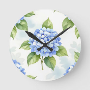 Pastel Blue Hydrangea Bouquet Pattern Round Clock