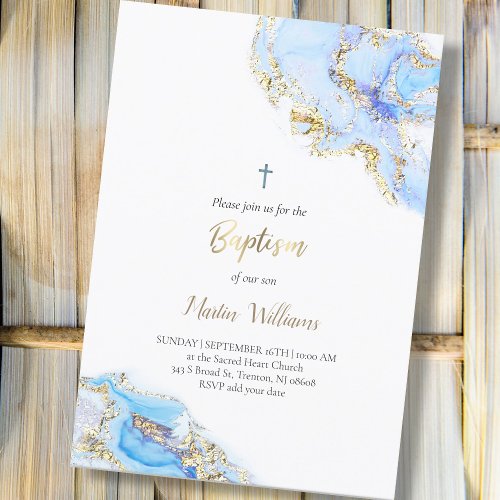 pastel blue ink and FAUX glitter  Baptism Invitation