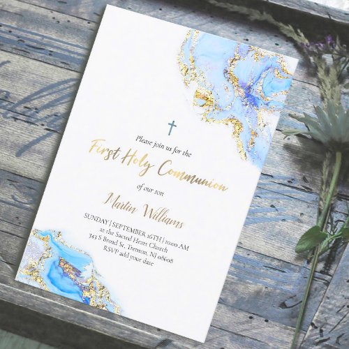 pastel blue ink    First Holy Communion  Invitation